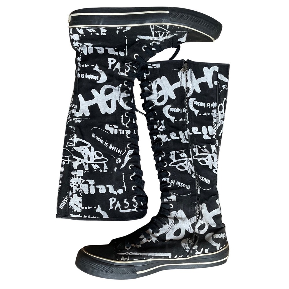 Vintage Underground England Graffiti Knee High Lace Up Zipper Boots Black Sz 9
